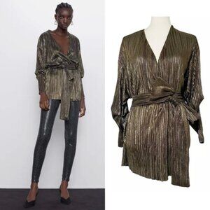 NWT Zara Gold Metallic Festive Top Bow Wrap Pleated Going Out Size Small